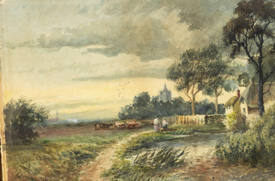 Manner of David Cox/Landscape with Figures and Church in Distance/bears signature/watercolour, - Image 2 of 4