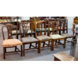 Three George III splat back dining chairs and two other