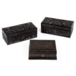 A late 19th Century Indian carved ebony boxes, paper label beneath dated 1882,