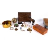 A rectangular burr walnut cigar box, a brass two-handled pan,