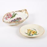 A large Spode botanical lozenge-shaped dish with moulded and gilt shell handles and a Derby plate