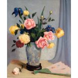 George Telfer Bear (Scottish 1876-1973)/Still Life of a Vase of Roses and A Fan/signed/oil on