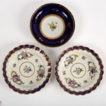 A pair of Worcester lobed plates painted flower garlands within a blue rim and a blue ground saucer