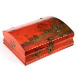 A 19th Century red lacquer box, the domed cover with chinoiserie landscape,