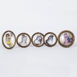 Three circular enamel roundels, bust portraits of women, mounted on brass screw hooks, 4cm diameter,