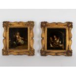19th Century German School/Figures with Dead Game/Woman with Children in Interior/a pair/oil on