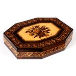 A Tunbridge ware octagonal box, the cover with bouquet design within foliate border,