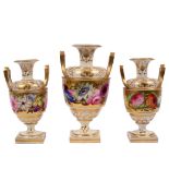 A garniture of three Derby two-handled vases, circa 1810,