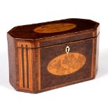 A George III burr yew and inlaid tea caddy of canted rectangular form,