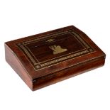 An early Victorian rosewood, mahogany and brass inlaid writing slope,