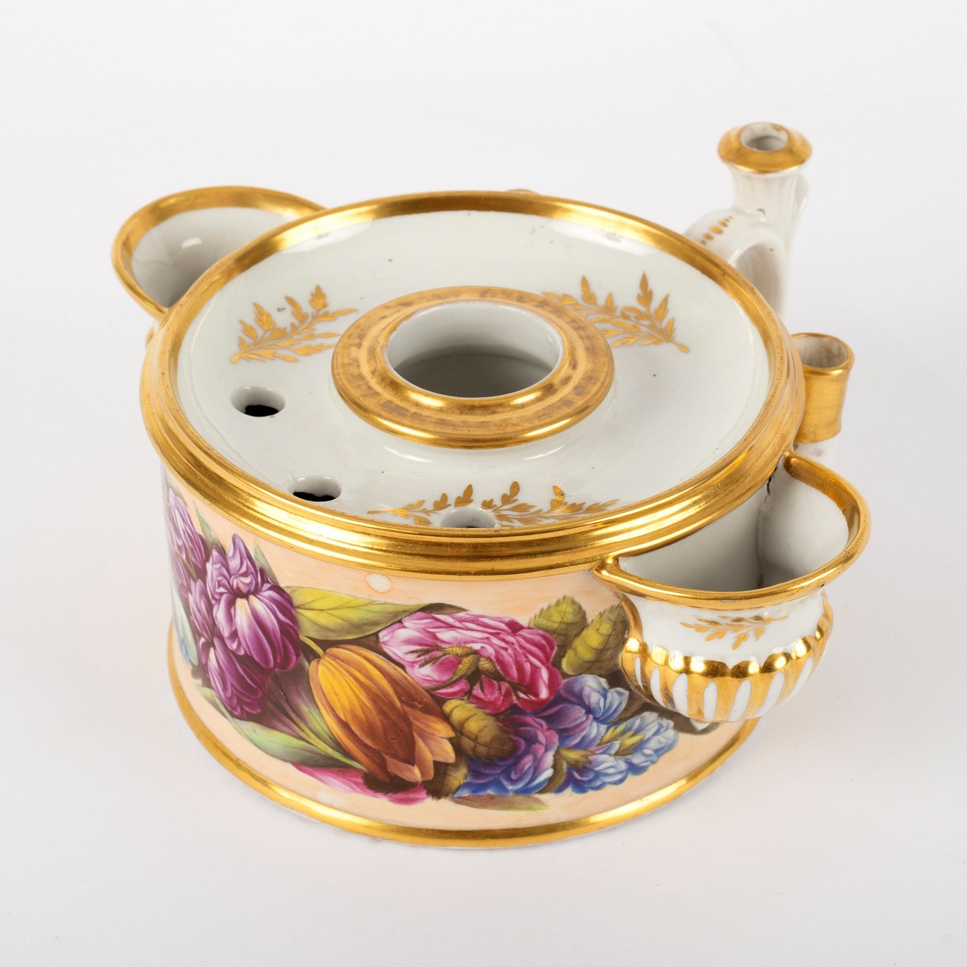 A Worcester drum-shaped inkwell, painted a band of luxuriant flowers,
