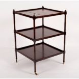 A George III style mahogany three-tier whatnot on ring turned supports, 77cm high,