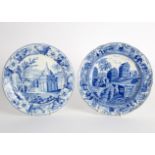 A Spode blue and white printed Caramanian series plate and a Wedgwood example printed Corinth