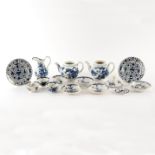 A group of English blue and white porcelain tea ware comprising a pair of Worcester blue and white