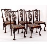 Five mahogany splat back chairs fitted loose trap seats,
