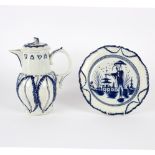 An English pearlware baluster leaf moulded jug, cover and plate, circa 1800,