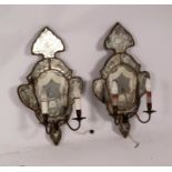 A pair of Venetian mirrored girandoles, of cartouche shape,