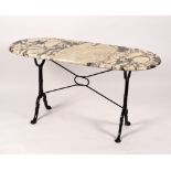 A marble top table on cast iron end supports,