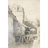 Thomas Lound (British 1802-1861)/Continental Backwater/with bridges and half-timbered