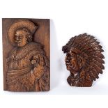 A carved wood panel of a cavalier, 42cm x 27.