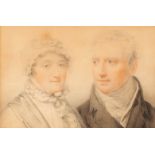 19th Century English School/Portrait of Husband and Wife/head and shoulders/watercolour and chalk,