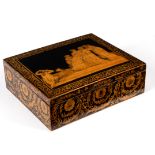 A Regency pen work decorated box, the cover depicting a classical scene,