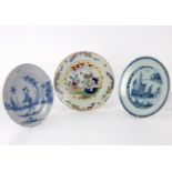 Three English delftware dishes, 18th Century,