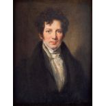 19th Century English School/Portrait of a Young Man/half-length, wearing a black coat/oil on panel,