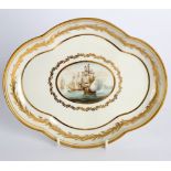 A Derby lobed oval dish, circa 1800, painted with a central maritime scene,