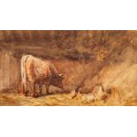 Alfred E Baker (19th Century)/Winter Quarters/a cow in a stable with chickens/watercolour,