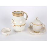 A Derby jug inscribed gilt 'Sophia Holme 1801', a feather moulded caudle cup, cover and stand,