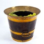 A 19th Century coopered oak log bin, brass bound with brass lip and carry handles, 33cm x 40.