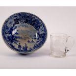 A Staffordshire blue and white transfer printed bowl, figures in a lake landscape, 23.