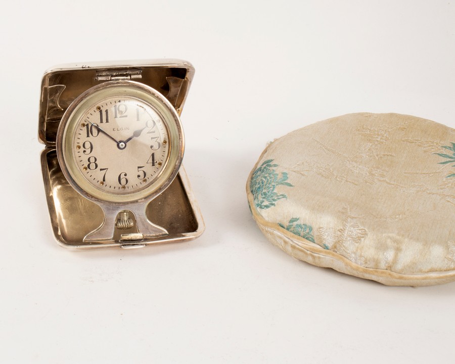 A silver cased bedside clock by Elgin, the circular dial with Arabic numerals, the case 8. - Image 2 of 2