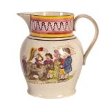 A pearlware jug depicting John Bull shewing the Corsican monkey,