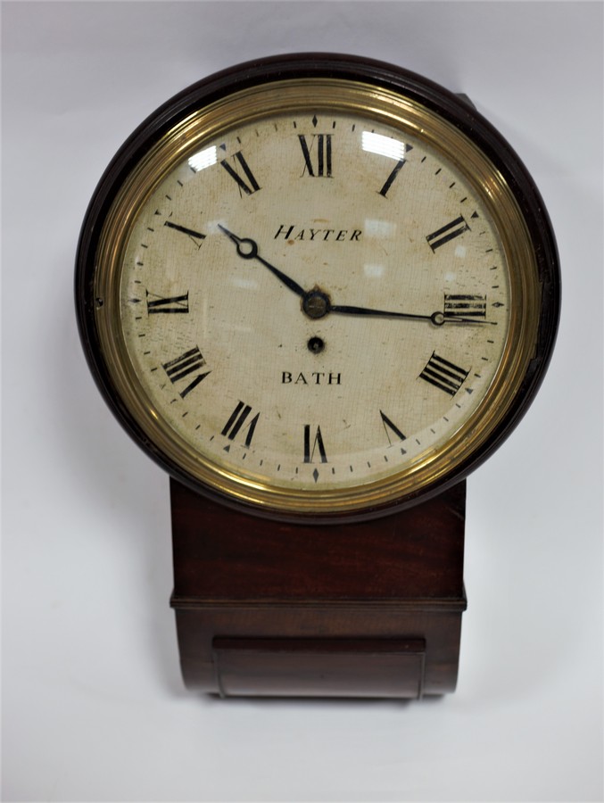 A mid 19th Century mahogany drop head wall clock, the white painted wooden dial signed Hayter, Bath,