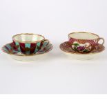 A Worcester pink scale ground teacup and saucer, circa 1765-70, blue crossed swords and 6 mark,