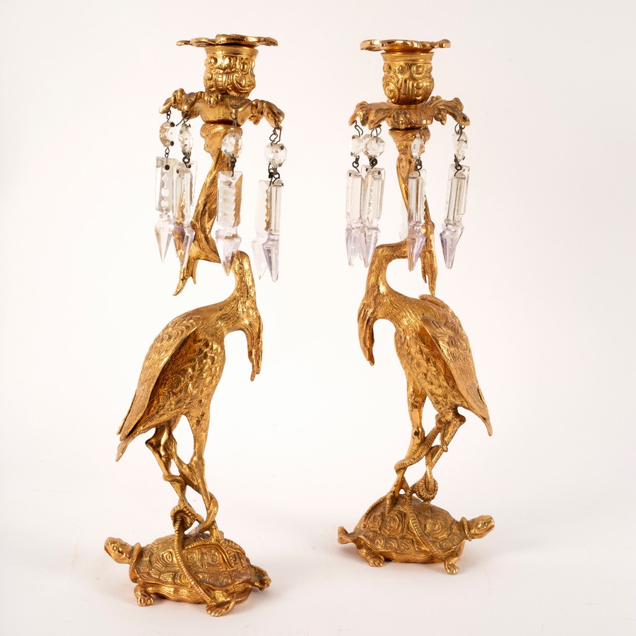 A pair of gilt metal figural candlesticks, each of a crane standing on a turtle, - Image 2 of 2