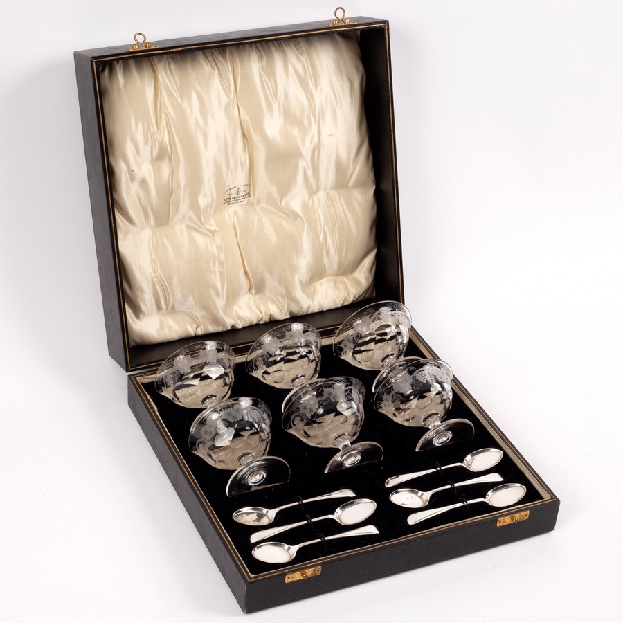 A cased set of six cut glass glacé dishes and six silver teaspoons, - Image 2 of 2