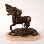 A gilt bronze figure of Napoleon, wearing a windswept cloak and mounted on a horse,