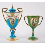 A Minton turquoise ground two-handled vase decorated birds and flowers,