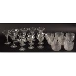 A collection of Baccarat style glassware, comprising six champagnes,