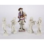 A Berlin style model of a bagpiper and four miniature figures emblematic of the seasons,