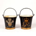 A pair of galvanized pails, ebonised and painted with the Royal Cipher and Prince of Wales plumes,