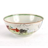 A Chinese export famille rose punch bowl, decorated the three rams before terracing and shrubs,