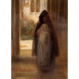 Late 19th Century School/Monk Standing in Doorway/initialled E L/watercolour, 22cm x 15.