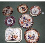 A Spode Imari pattern shell-shaped dish, two Copeland and two Spode Ironstone plates,