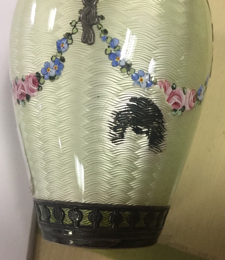 A silver and guilloché enamel baluster vase with pierced lattice work decoration, - Image 2 of 3