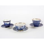 A group of Russian (Lomonosov Factory) blue and white teacups and saucers, 20th Century,