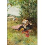 Alejandro de Riquer Inglada (Spanish 1856-1920)/Ladies Relaxing in the Shade/oil on board,
